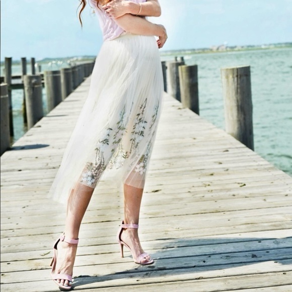 Moon Collection | Flowy Ivory Embroidered Tulle Pastel Floral Garden Midi Skirt